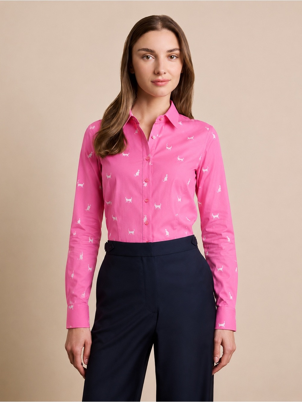Hawes & Curtis Womens Button Down Long Sleeve Pink Shirt Cat Print Size 4 *79